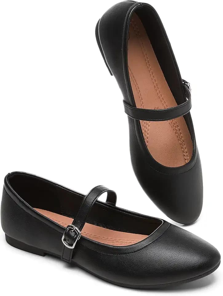 Womens Mary Janes Flats Shoes Ballet Flats Black Dress Shoes,Memory Foam Insole,Soft Synthetic Leather,with Strap