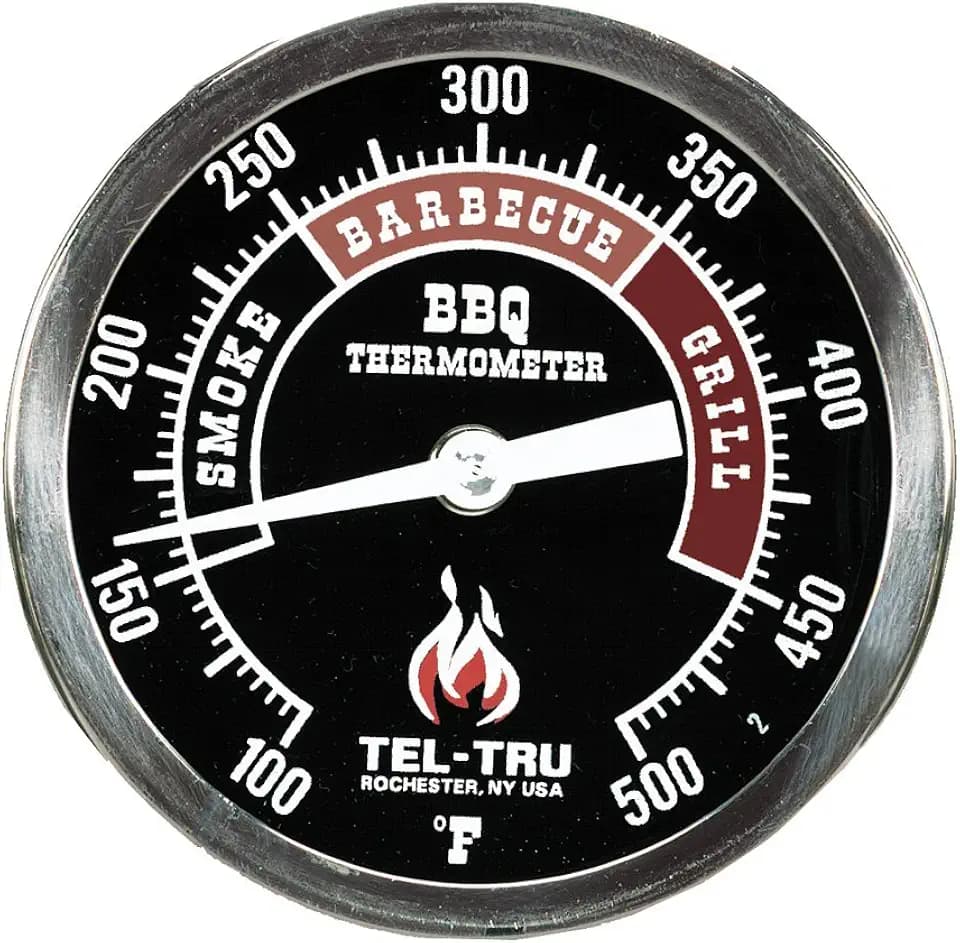 Tel-Tru BQ300 Barbecue Thermometer, 3 inch black dial with zones, 4 inch stem, 100/500 degrees F