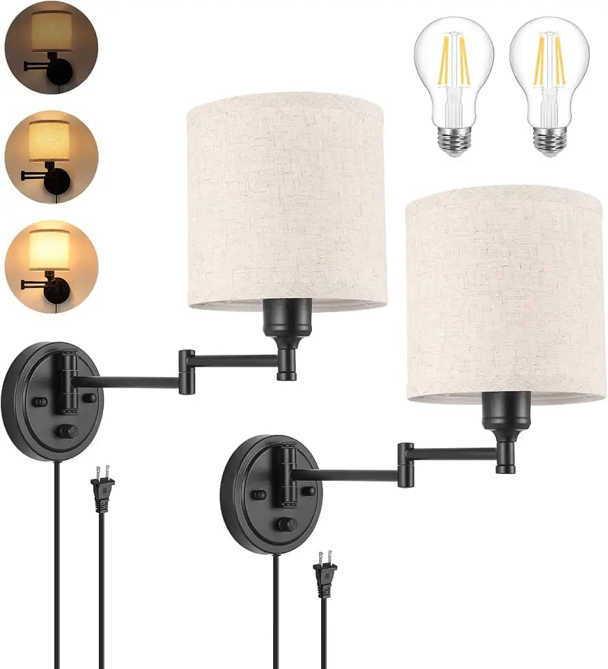 GOODATE ENCOMLI Dimmable Plug in Wall Sconces, Swing Arm Wall Lamp, Wall Sconces Set of Two, Plug in Wall Light, Sconces Wall Decor Set of 2, Linen Fabric Shade, 2pcs Bulbs Included