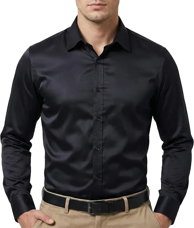 TYZER Mens Dress Shirts Satin Long Sleeve Stretch Wrinkle Free Casual Shirt