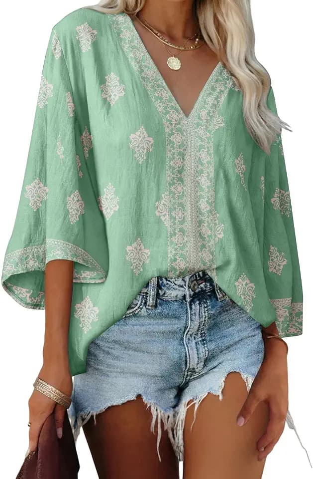 SHEWIN Womens Summer Tops Casual Floral Print Deep V Neck 3/4 Sleeve Blouses Dressy Boho Vacation Tunic Tops