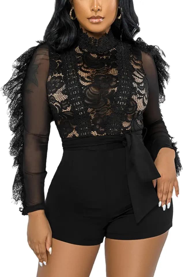 MKQW Women's Lace Bodycon Romper, Long Sleeve Ruffle Short Party Jumpsuit