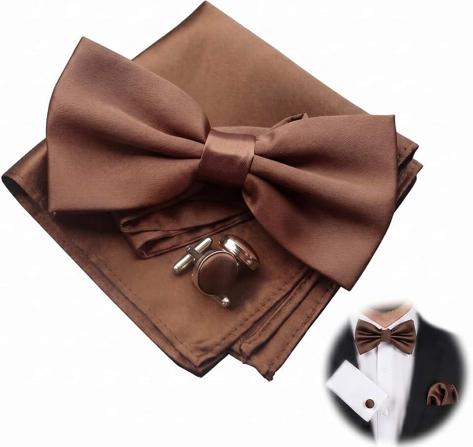 Fliege Herren Set mit Einstecktuch und Manschettenknöpfen Braun, Elegante Vorgebundene Fliege für Hochzeit, Abendpartys und Formelle Anlässe, Herren Accessoires Set für Anzug