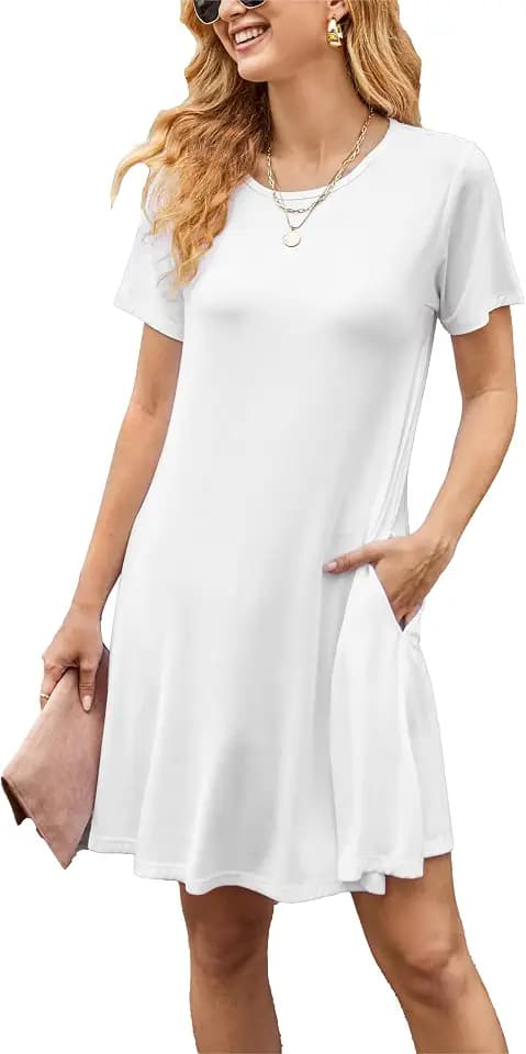 Sommerkleid Damen Knielang Casual T-Shirt Midikleid Kurzarm Loose Swing Freizeitkleid Jersey Dress