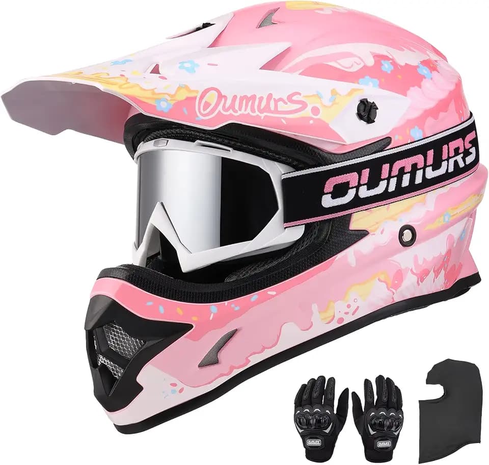 OUMURS DOT Adult ATV Dirt Bike Helmet with Goggles Gloves & Mask Adjustable Sun Visor Motorcycle Adults Helmet Off-Road Motocross Downhill Moped MX for Unisex-Adult-Pink Cake, L