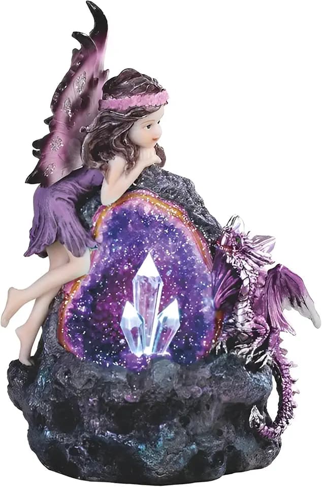 ICE ARMOR 8" H Purple Fairy and Baby Dragon with LED Faux Crystal Stone Statue Fantasy Night Light Decoration Figurine