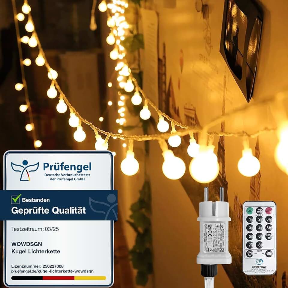 WOWDSGN Kugel Lichterkette,25M 250LEDs Lichterkette Dimmbar, Partylichterkette mit Stecker für Innen und Außen, 8 Leuchtmode, Enegiesparend, ideal für Weihnachten, Hochzeit, Party, Garten, Warmweiß