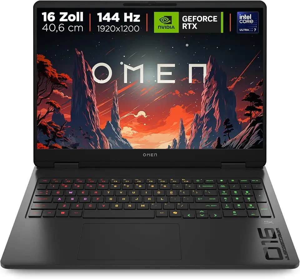 HP Omen 16 Gaming Laptop, Intel Ultra 7 255H, RTX 5060, 24GB RAM, 1TB SSD | Windows 11 Gaming Notebook mit 16" 144Hz 2K-Display, G-SYNC, OMEN AI, 4-Zonen-RGB, Wi-Fi 6, QWERTZ, Shadow Black
