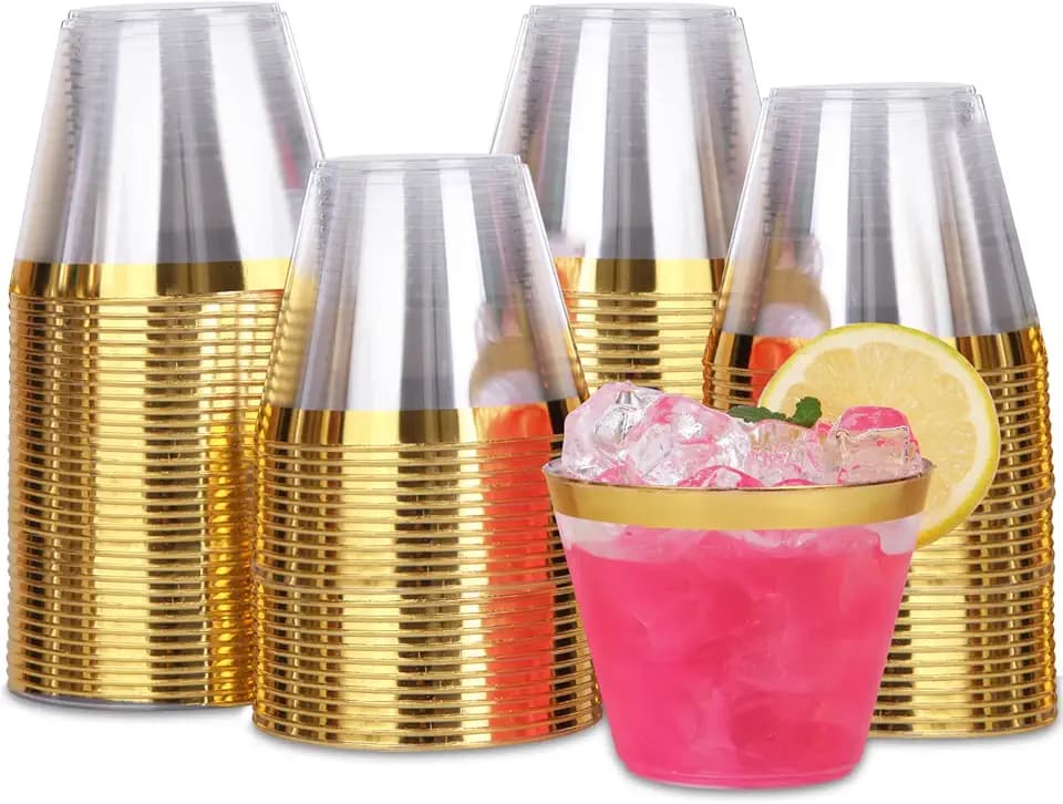 Tobvory 100 Pack Gold Rimmed Plastic Cups - 9 oz Hard Clear Plastic Cups