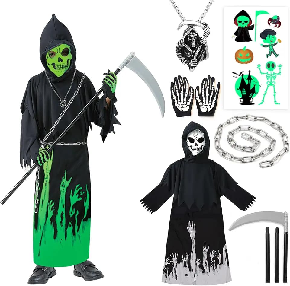 Sensenmann Kostüm Kinder Jungen Glow in The Dark 110-146 mit Sense Ketten Gruselig Halloween Kostüm Kinder Sensenmann Umhang Leuchtend Reaper Ghostface Scream Schwarze Robe mit Kapuze für Jungen