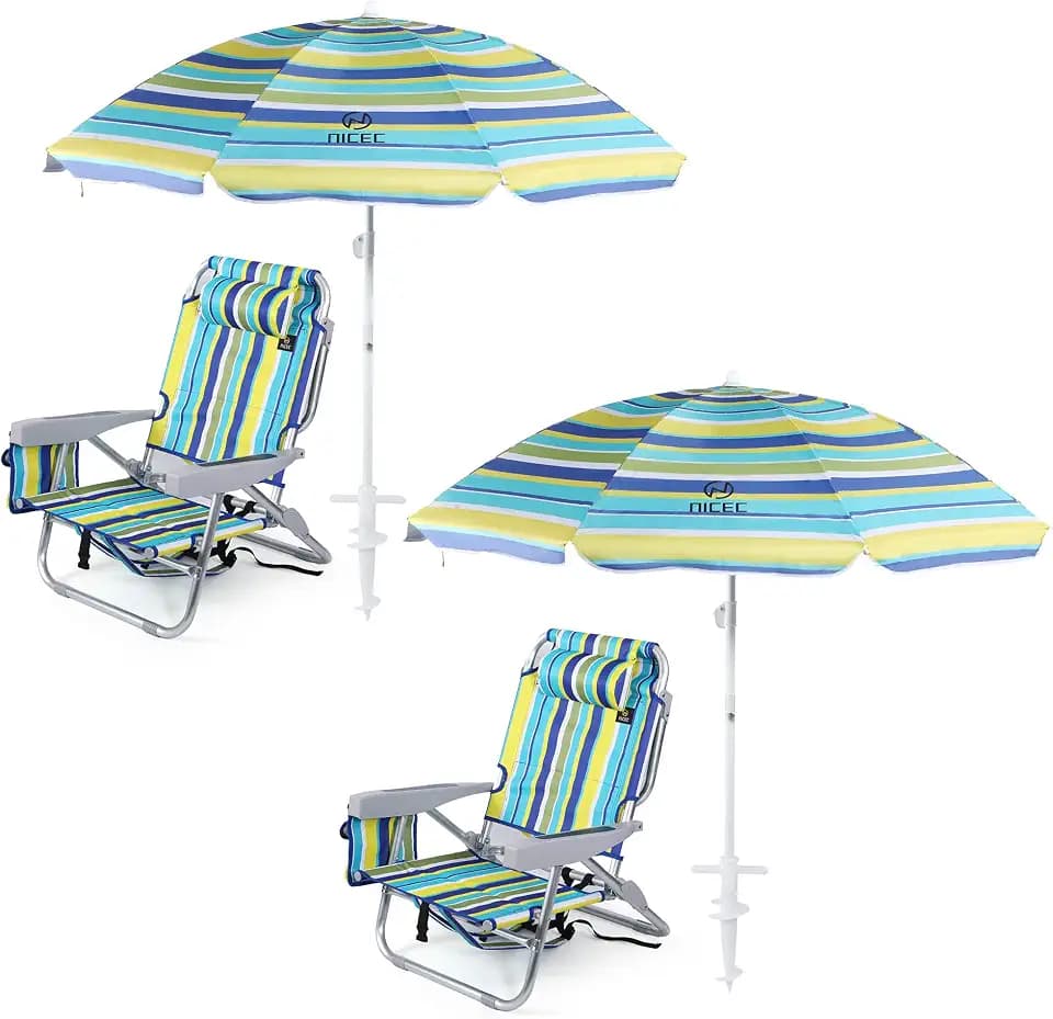 Nice C Backpack Beach Chair with Umbrella, Stripe Sand Lake Chair (2 Pack)