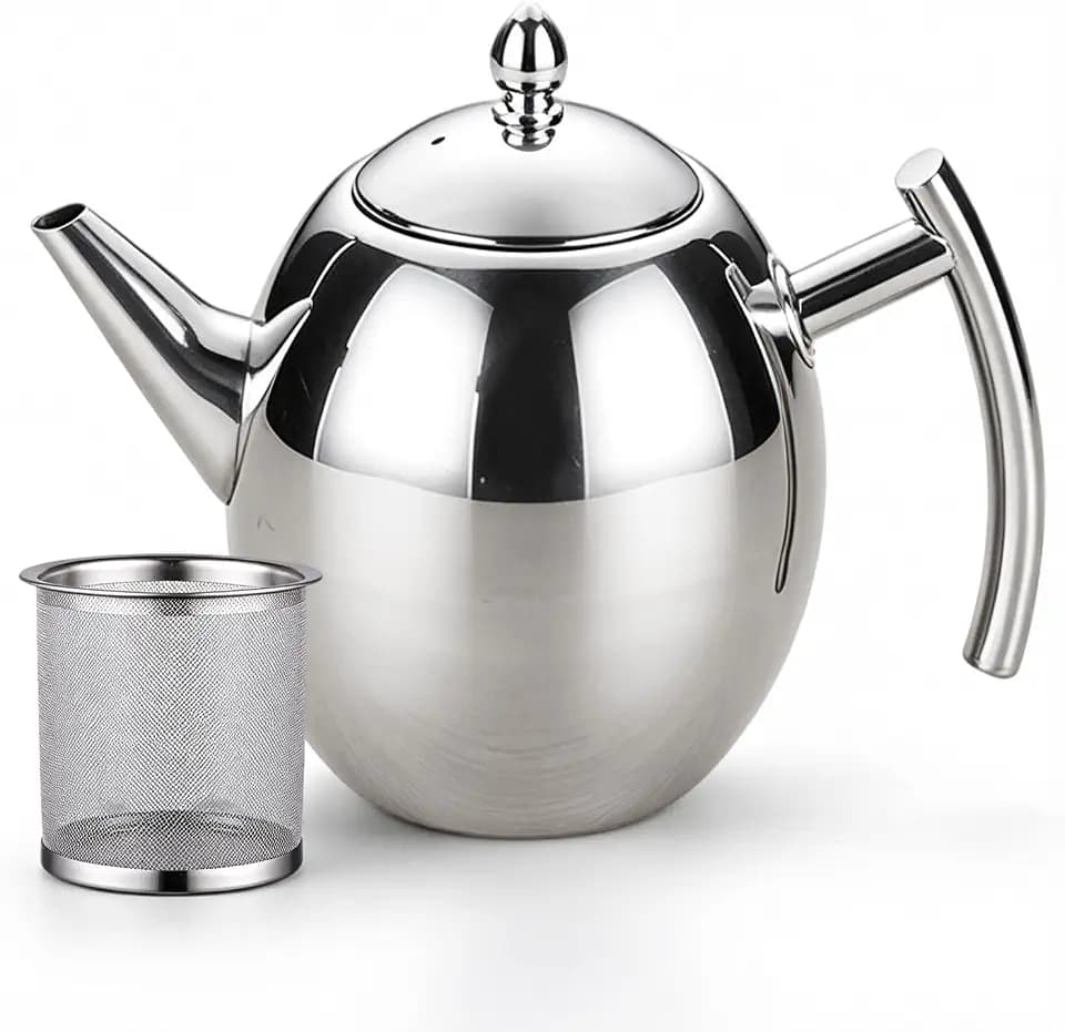 Teekanne aus Edelstahl, 1,5 l, Teekanne aus Edelstahl mit Sieb, doppelwandige Teekanne, Teekanne mit Sieb, 1,5 l, geeignet für Zuhause und Büro, silberfarben