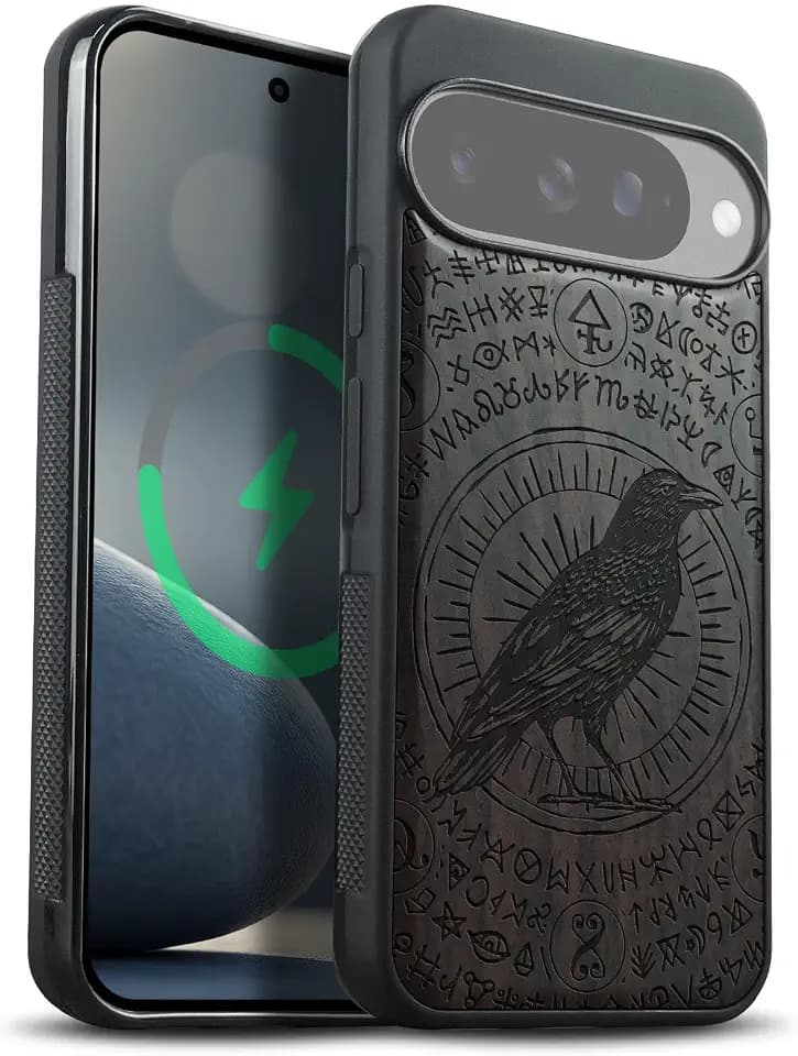 Carveit Wood Case for Pixel 10, (The Haloed Crow) Blackwood