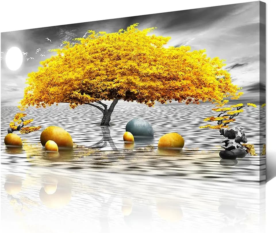 Wapluam Black And White Wall Art - Framed Canvas Wall Decor For Living Room, Office, Bedroom - Large Artwork - 20" X 40" - Yellow Tree View