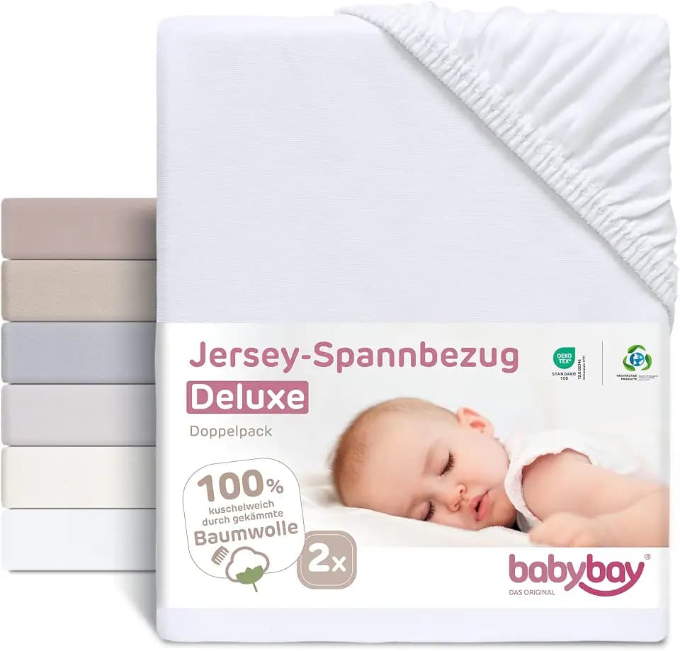 babybay Jersey Spannbetttuch Deluxe Doppelpack passend für die Modelle Maxi, Midi, Boxspring, Comfort und Comfort Plus, weiß, 89 x 50 cm (Doppelpack)
