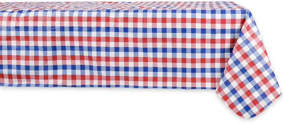 DII Summer Checker Vinyl Tabletop Collection Flannel Backed, Indoor/Outdoor Tablecloth, Rectangle, 60x84, Red, White, & Blue Check