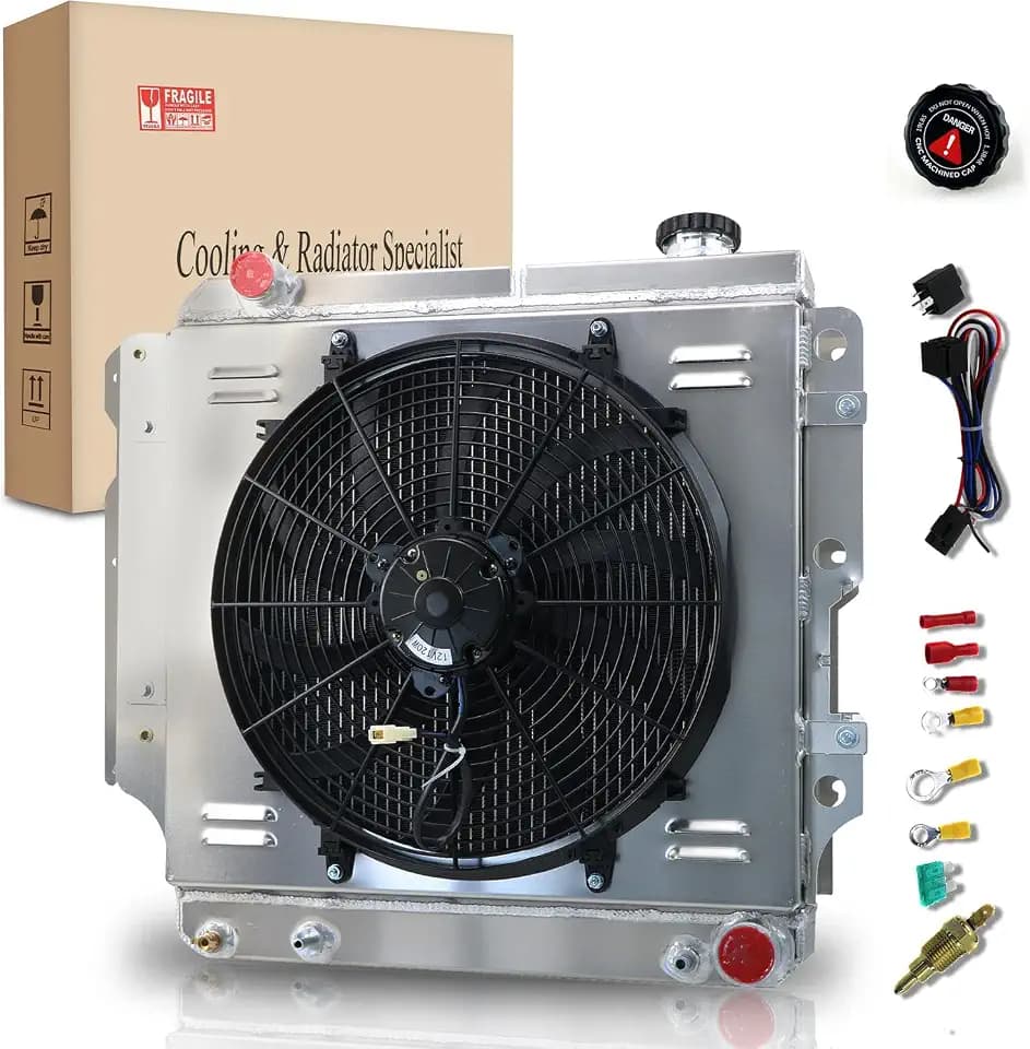4-Row All Aluminum Radiator Compatible with 1987-2006 Jeep Wrangler TJ YJ Chevy GM V8 Engine Conversion AT MT | OE# CU8101 CC8101 SBR8101 DPI8101 | Includes Shroud Fan & Relay Kit | AA5052