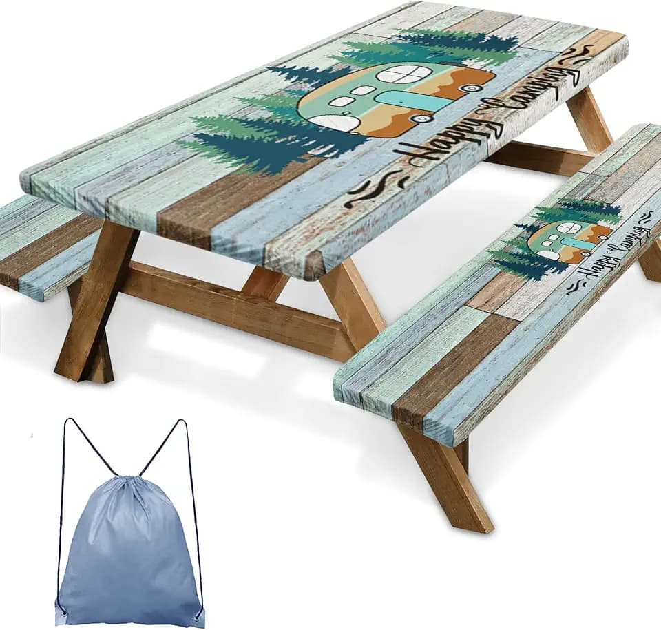 Picnic Table Cover with Bench Covers, Green Campers 3 Pack, 72 Inch