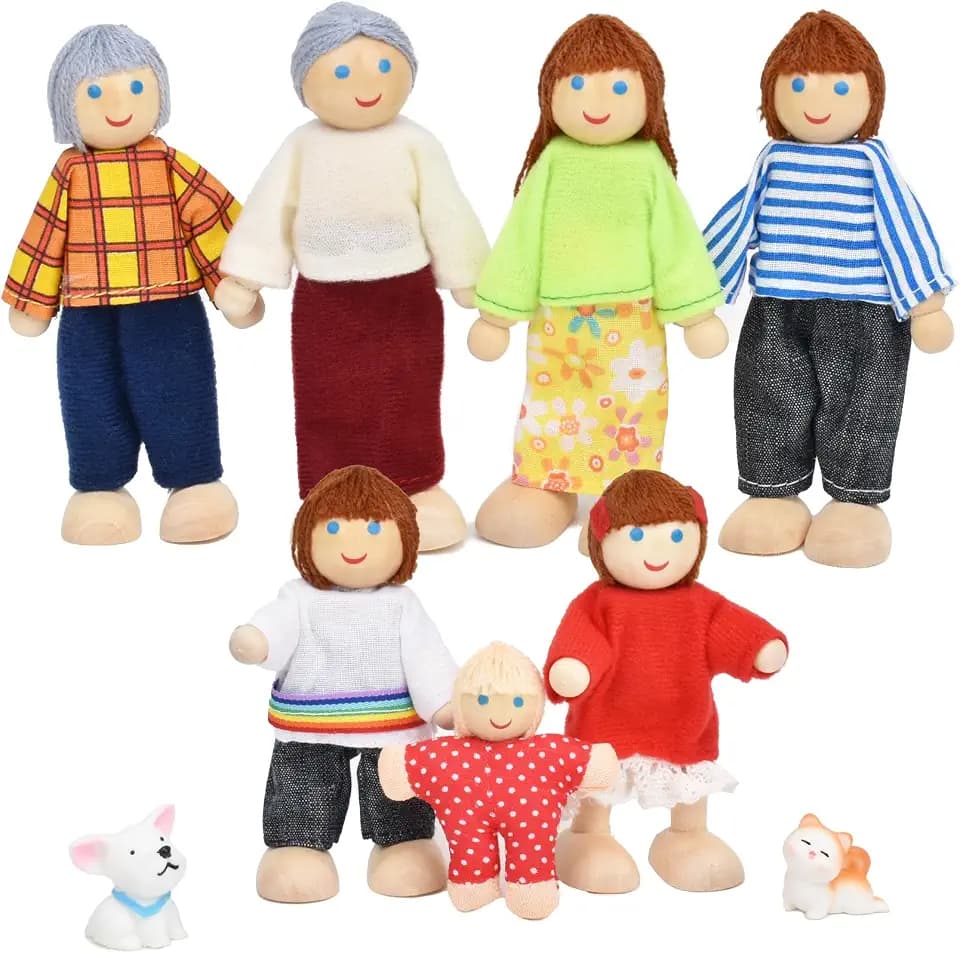 Jzszera Wooden Doll House People of 7 Miniature Figures and 2 Pets, Dollhouse Dolls Family Set Accessories for Girls Toddler Kids Pretend Play and Imaginative Fun