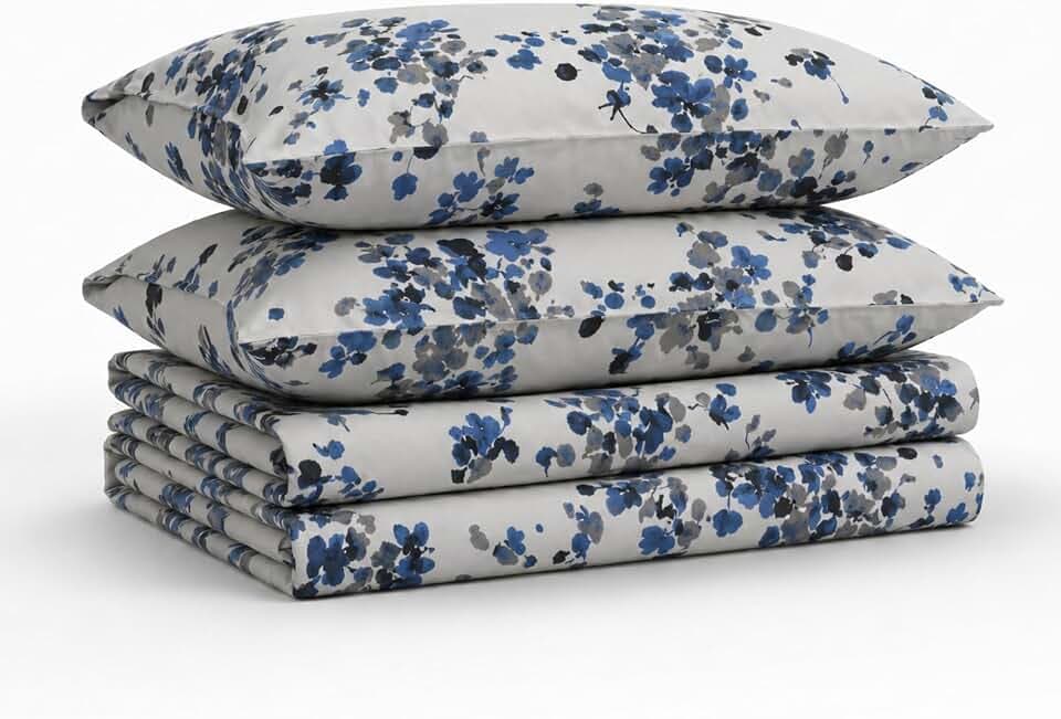 Tribeca Living Bettwäsche-Set, Doppelbett-Größe (Queen Size), Fadenzahl 300, weicher Baumwollsatin, Blumendruck, extra Tiefe Taschen, 4-teiliges Bettwäsche-Set, Blau (Lisbon Blue)/Mehrfarbig