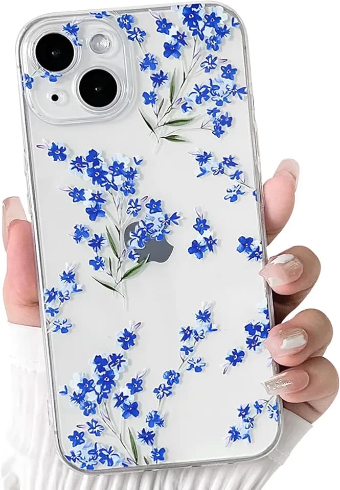 NITITOP for iPhone 13 Case Cute Clear Flower Floral - Blue