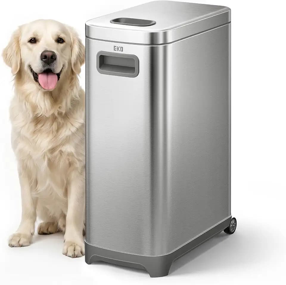 EKO 45 lb Airtight Dog Food Storage Container, Stainless Steel Pet Food Container for Kibble, Cat Food & Bird Seed, Lockable Lid, Magnetic Scoop, BPA-Free Inner Bucket, Wheels