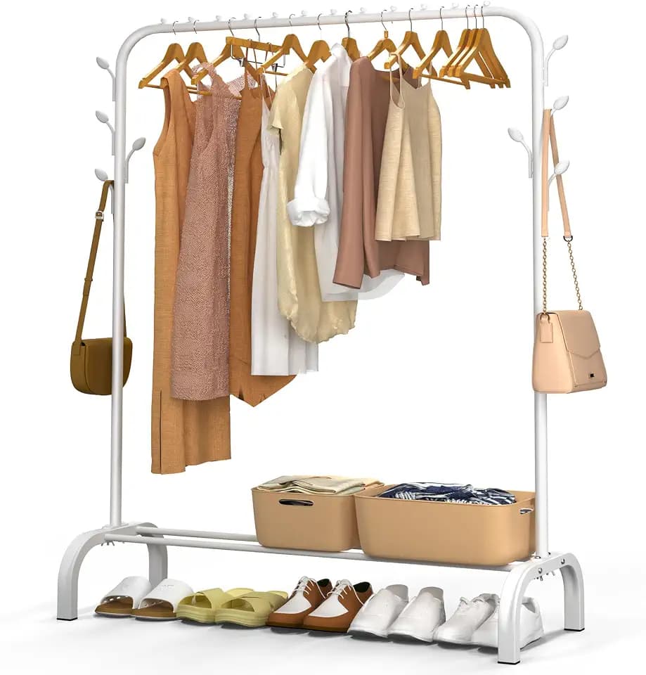 VOUNOT® Kleiderständer Metall, Kleiderstange Garderobenständer mit Schuhregal und 8 seitlichen Haken, Stabil, Schwerlast, für Schlafzimmer Flur Ankleidezimmer, 110x41x150cm Weiß