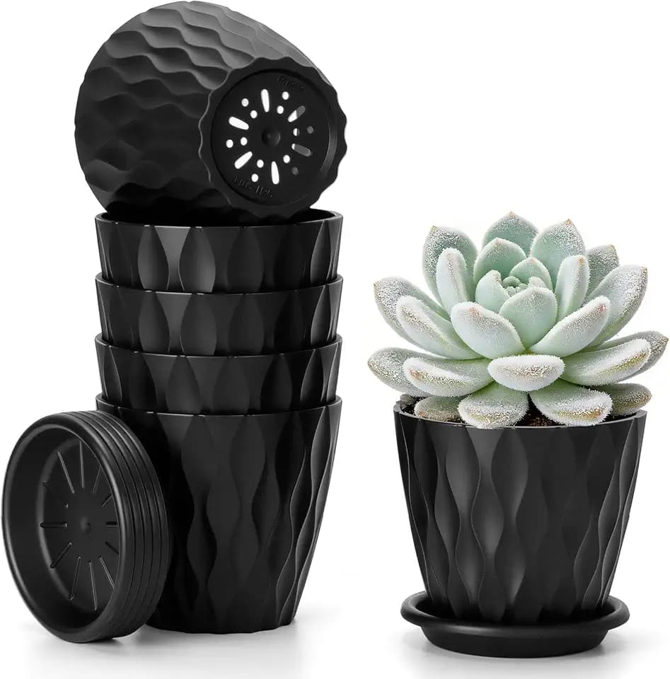 Romon Blumentopf Set, 6 Packs Pflanzentopf mit Gerillte Struktur, Topföffnung 10cm Hydrokultur Topf mit Untersetzer für Innen & Außen, Plastik übertopf Mehrere Ablauflöchern, Rund Pflanzkübel Schwarz