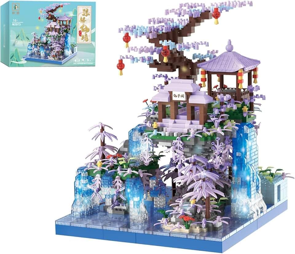 Feenpavillon Architektur Bausteine, Chinesische Architektur Bausteine, 2436 Teile Märchenland mit Sakura Baum und Wasserfällen Mini Baustein Modell, Geschenk für Erwachsene und Jugendliche