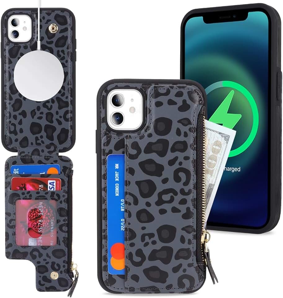 SailorTech iPhone 11 Hülle mit Kartenhalter, Lederhülle - Schwarzer Leopard