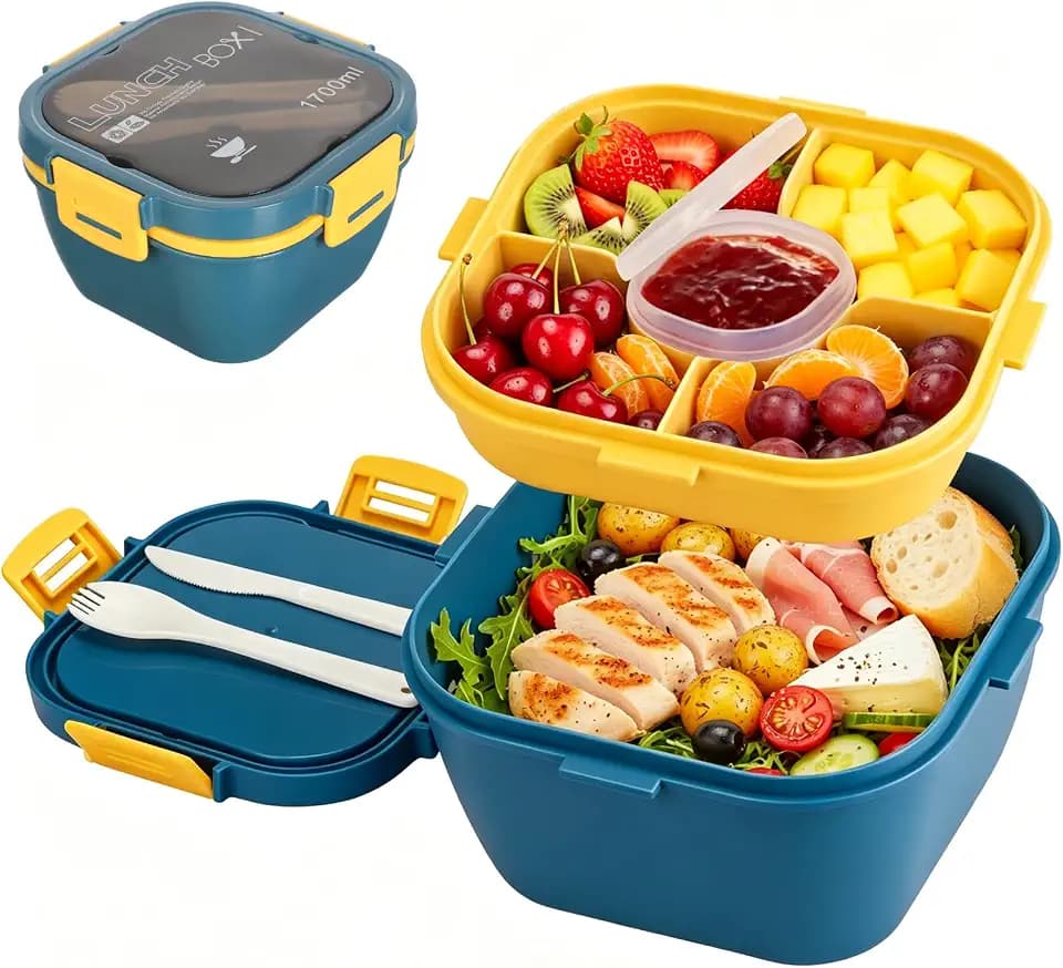 VINATO 1700 ml Salat To Go Box, Lunchbox mit Unterteilung Fächern Auslaufsicher, Bento Box mit Besteck Erwachsene, BPA Frei, Mikrowellen- & Kühlschrankgeeignet, für Arbeit Schule Picknick (Blau)
