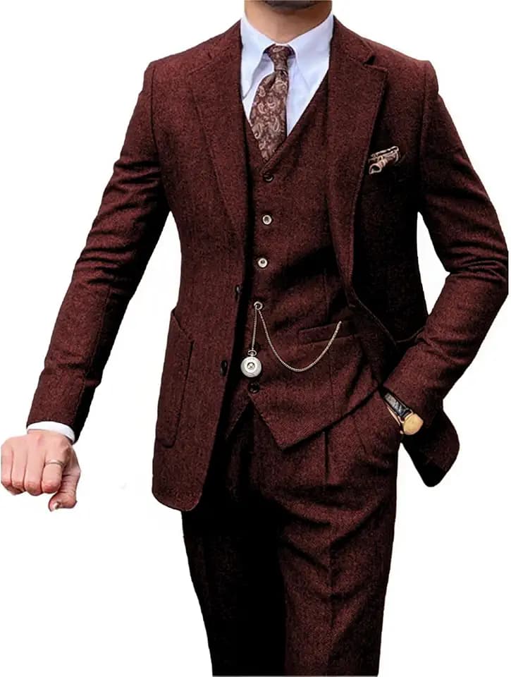 Retro Tweed 3 Piece Men's Suit,Vintage Herringbone Suit for Men's Wedding Prom Business Formal Casual Blazer Vest Pants Set