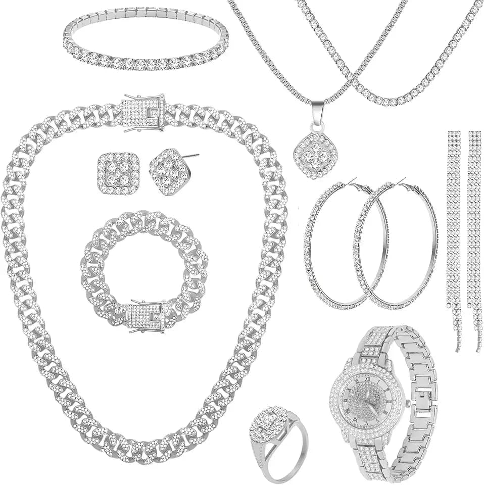 NEWITIN 13 Pcs Silver Jewelry Set for Women Bling Diamond Cuban Jewelry Set