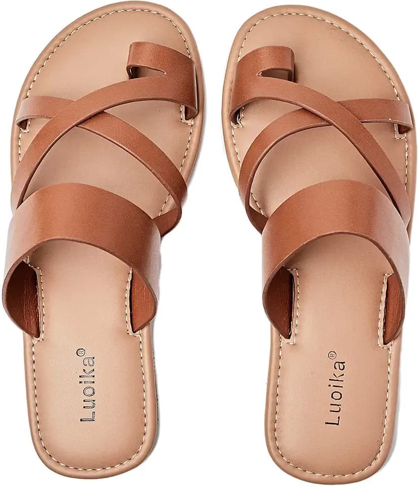 Luoika Women's Wide Width Toe Ring Flat Slides Sandals