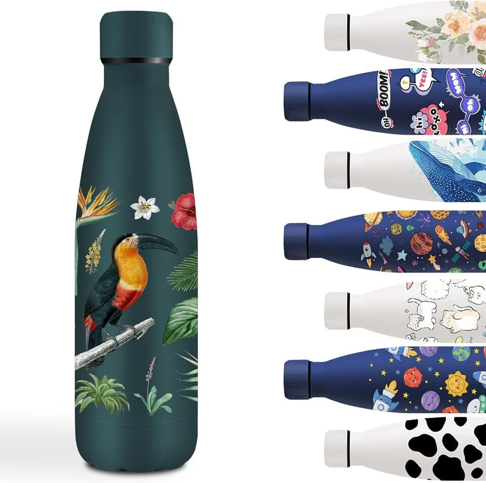 Grsta Trinkflasche 500ml, Trinkflasche Edelstahl, Wasserflasche Sport, Isolierflasche Doppelwandige, Wasserflasche mit Vogel, Leicht zu Tragen, Thermos für Schule, Camping, Running, Dunkelgrün