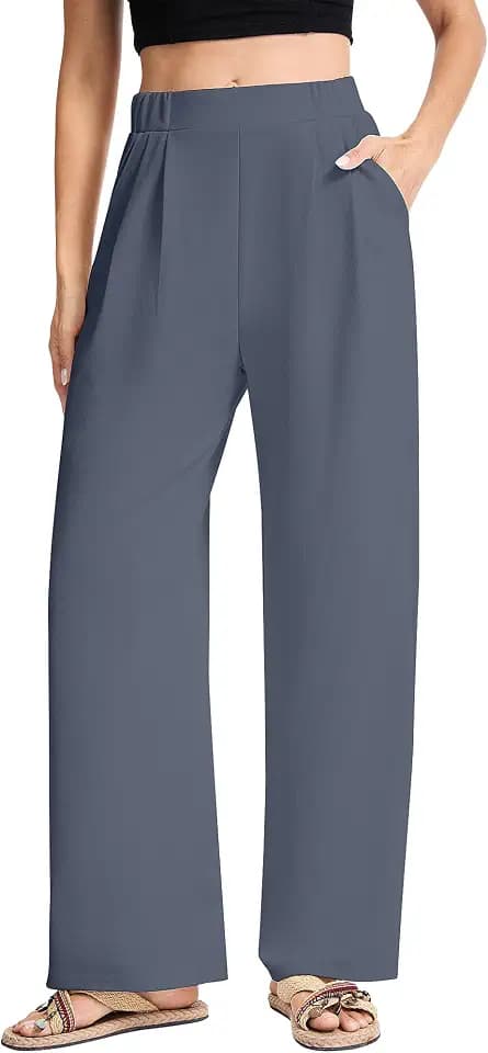 Weite Hose Damen Sommer Waffel Palazzo Hose Lässig Stoffhose High Waist Elegante Business Hosen mit Tasche