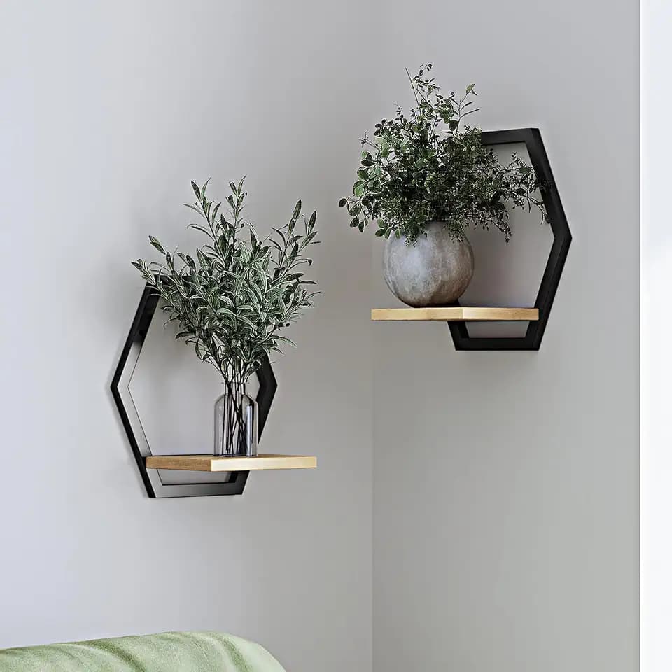 2 Pack Hexagon Wall Plant Stands, 9 Inch Wood Shelf Black
