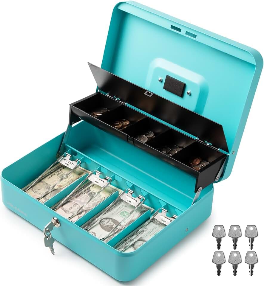Volcora Large Cash Box with Key Lock, Metal Money Box for Cash, Portable Locking Safe Box with Money Tray, Durable Money Saving Organizer for Yard Sale, Garage Sale, Small Business, Cyan