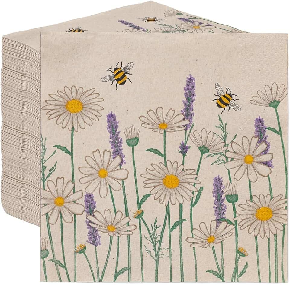 Table Kind 100 x Soft Recycled Floral Napkins Wildflower Napkins for Decoupage Daisy Bee Pretty Disposable Party Serviettes for Spring Weddings, Tea Parties, Birthday, Eco-Friendly, Compostable