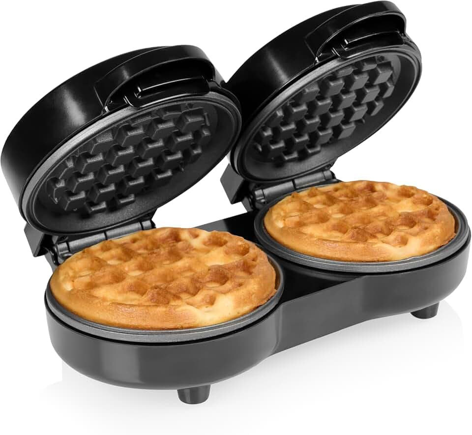 Tristar Doppel-Mini-Waffeleisen, 2 Waffeln pro Durchgang, 1100 W Leistung, Aluminium-Heizplatten mit Antihaftbeschichtung, Kompaktes Design, WF-2115, Doppelt