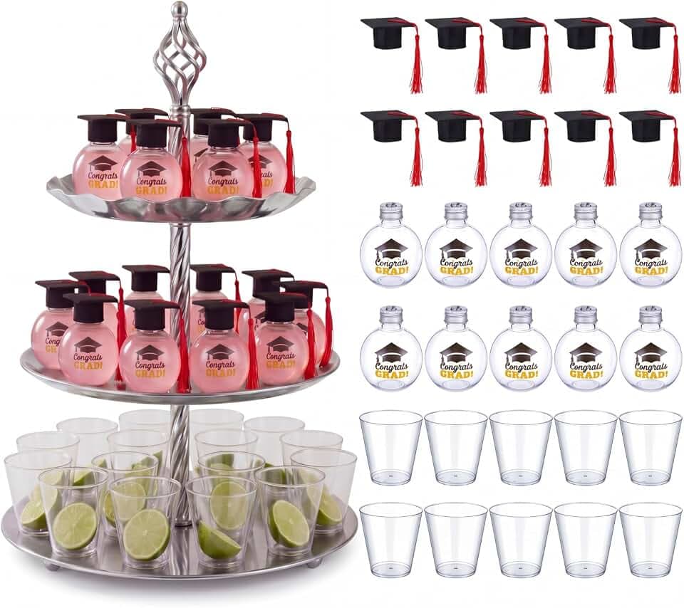 30 Set Graduation Fillable Drink Balls, Mini Felt Graduation Caps with Tassels and 9 oz Plastic Clear Cups, Hanging Graduate Party Ornaments for Holiday Celebration Decoration(Red)