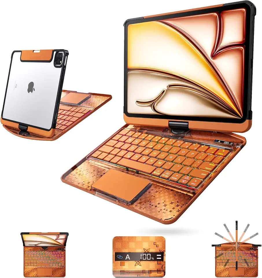 Clear Wireless Keyboard Case for iPad Air 13 Inch (M4/M3/M2, 2026/2025/2024)/ iPad Pro 12.9" (6th/5th/4th/3rd Gen), 7-Color Backlit, Pencil Holder & Multi-Touch Trackpad, 360 Rotatable,Orange