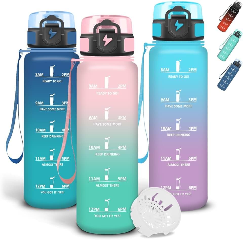 Grsta Wasserflasche 1l, Trinkflasche mit Filter, Auslaufsichere Trinkflasche Sport, Sichere Verriegelung, Mit Zeitmarkierung und Schnürung, Flasche für Camping, Fahrrad, Fitnessstudio