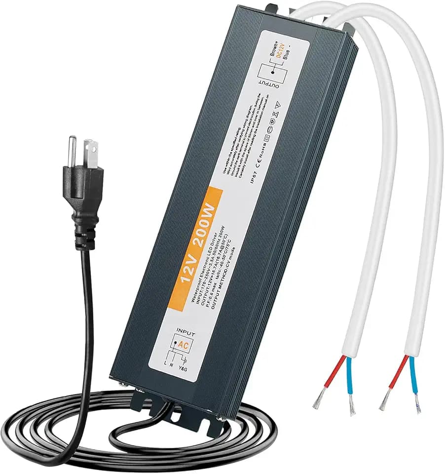 LED Driver 12V 200W IP67 Waterproof, AC 110V-220V to DC 12V Transformer, Quiet Small Power Adapter with 3-Prong Plug 3ft Cable for Indoor/Outdoor LED Strip Lights, Landscape Lighting