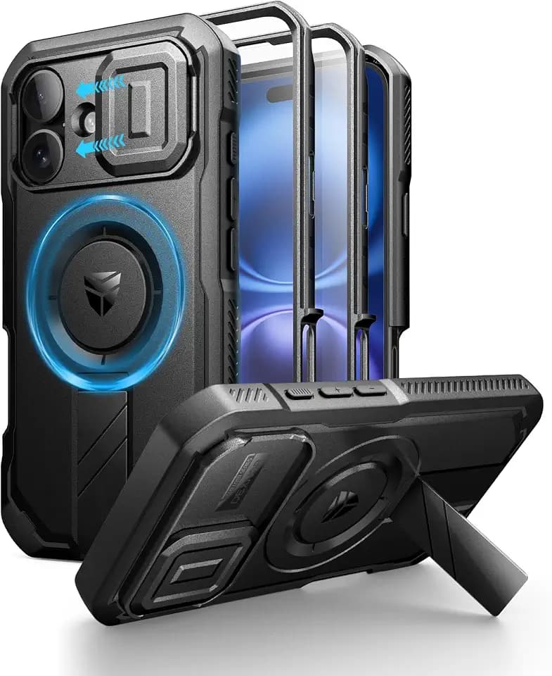 Dexnor for iPhone 16 Case with Slide Camera Cover & Adjustable Kickstand & Built-in Screen Protector,Compatible with MagSafe Shockproof Bumper Cases Heavy-Duty Magnetic Protective Cover,Black