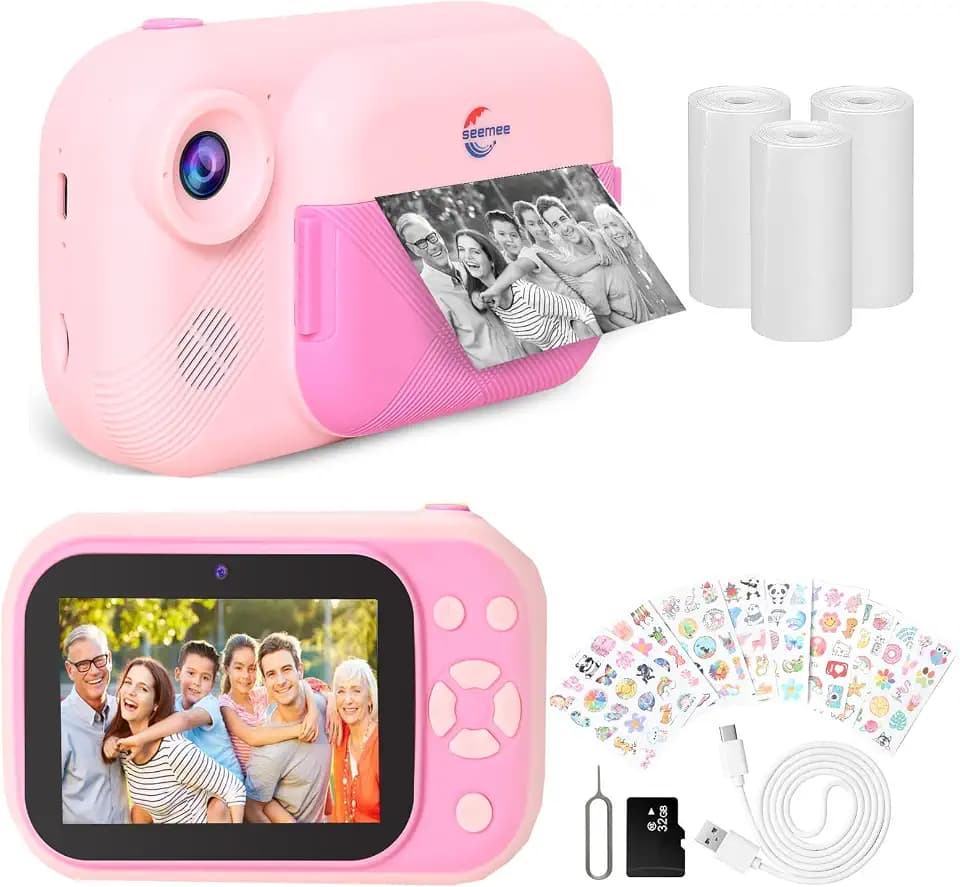 Instant Print Camera for Girls with 3.5" Large Screen, Christmas Halloween Birthday Gifts for Boys Girls 3 Years and Up, Front Rear Dual Cameras with 1080P Videos,32G Card and Charming Stickers(Pink)