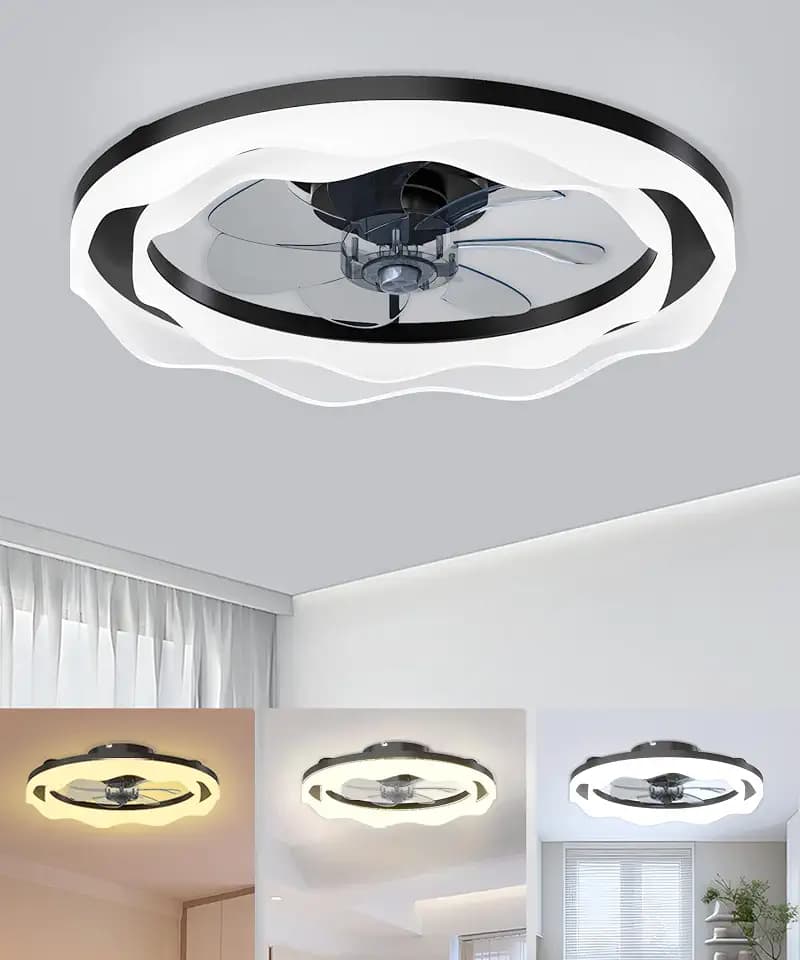 JAYNLT Deckenventilator mit Beleuchtung, Ø50CM Schwarzer Dimmbarer LED Deckenleuchte mit Ventilator 3000K-6500K, APP-Fernbedienung, 6 Windstufen, Fandelier, Bündig Montierte Moderne für Schlafzimmer