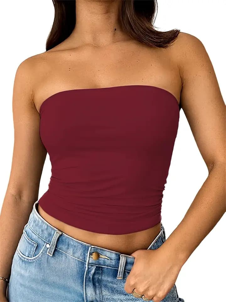 ForeFair Women Strapless Tube Tops Double Lined Ruched Backless Bandeau Going Out Top Basic Tank Tops
