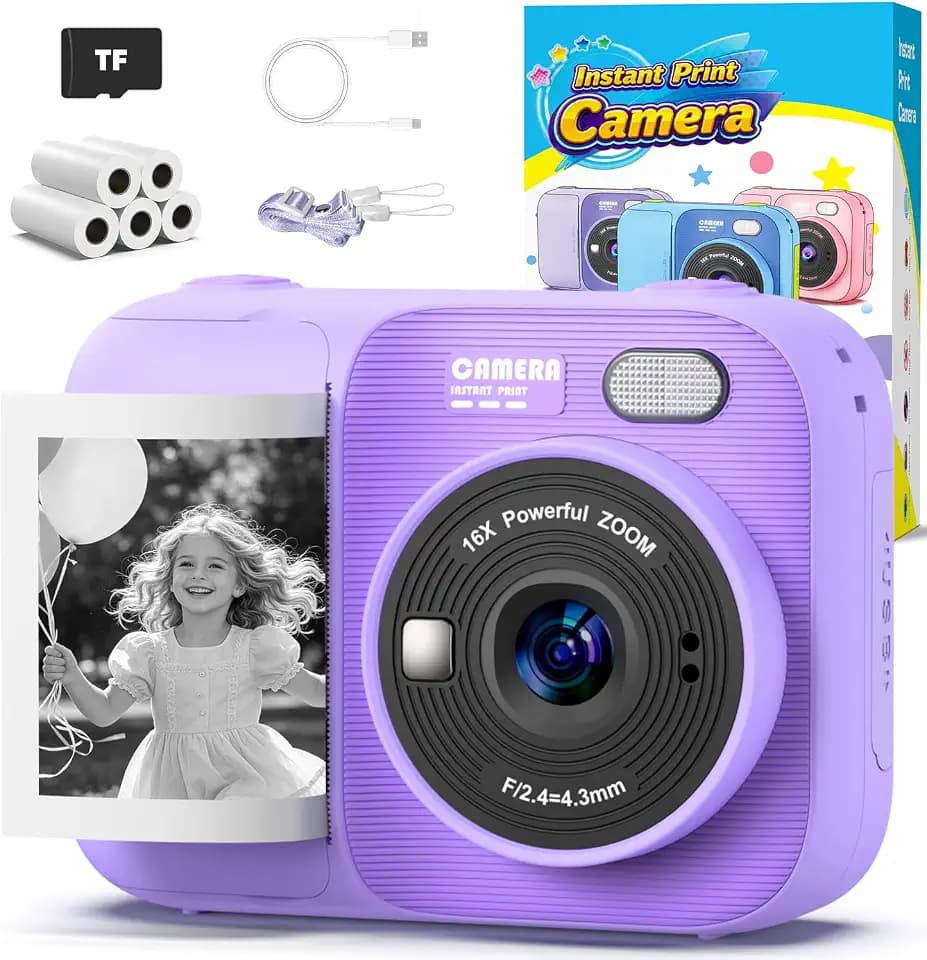 Kids Instant Print Camera with 5 Rolls Print Paper, 1080P HD Camera, Rechargeable Portable Toddler Selfie Camera, Christmas Birthday Gifts Toys for Boys Girls Age 3-12 (Purple)