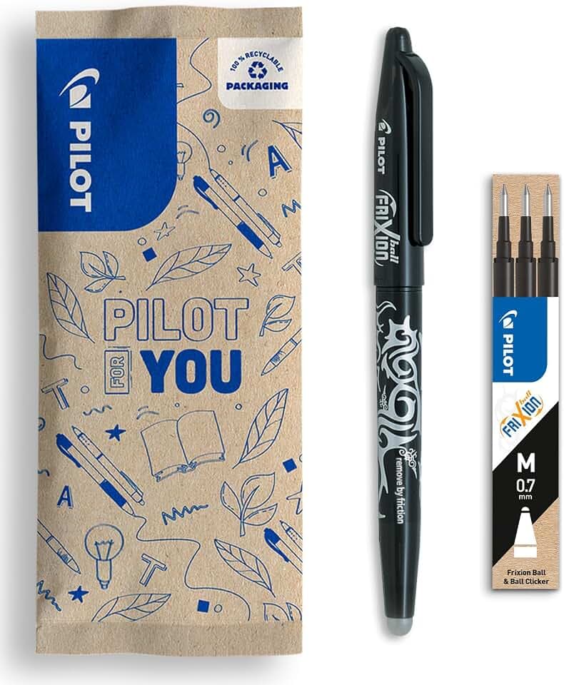 PILOT - FriXion Ball 0.7 Set - Radierbarer Tintenroller + 3er-Minen-Set - Nachfüllbarer Rollerball aus Recyceltem Kunststoff - Angenehmes Schreibgefühl - Schwarz - Mittlere Spitze